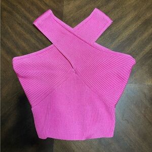 Pink Ribbed Cross-Neck Top